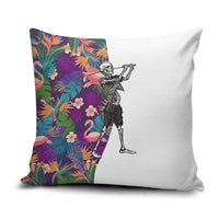 Skeleton Golfer Pillow Cover with Tropical Flamingo Leaves Pattern and Colorful Floral Background - Wonder Print Shop