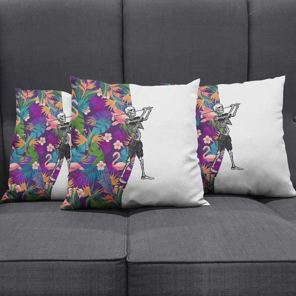 Skeleton Golfer Pillow Cover with Tropical Flamingo Leaves Pattern and Colorful Floral Background - Wonder Print Shop
