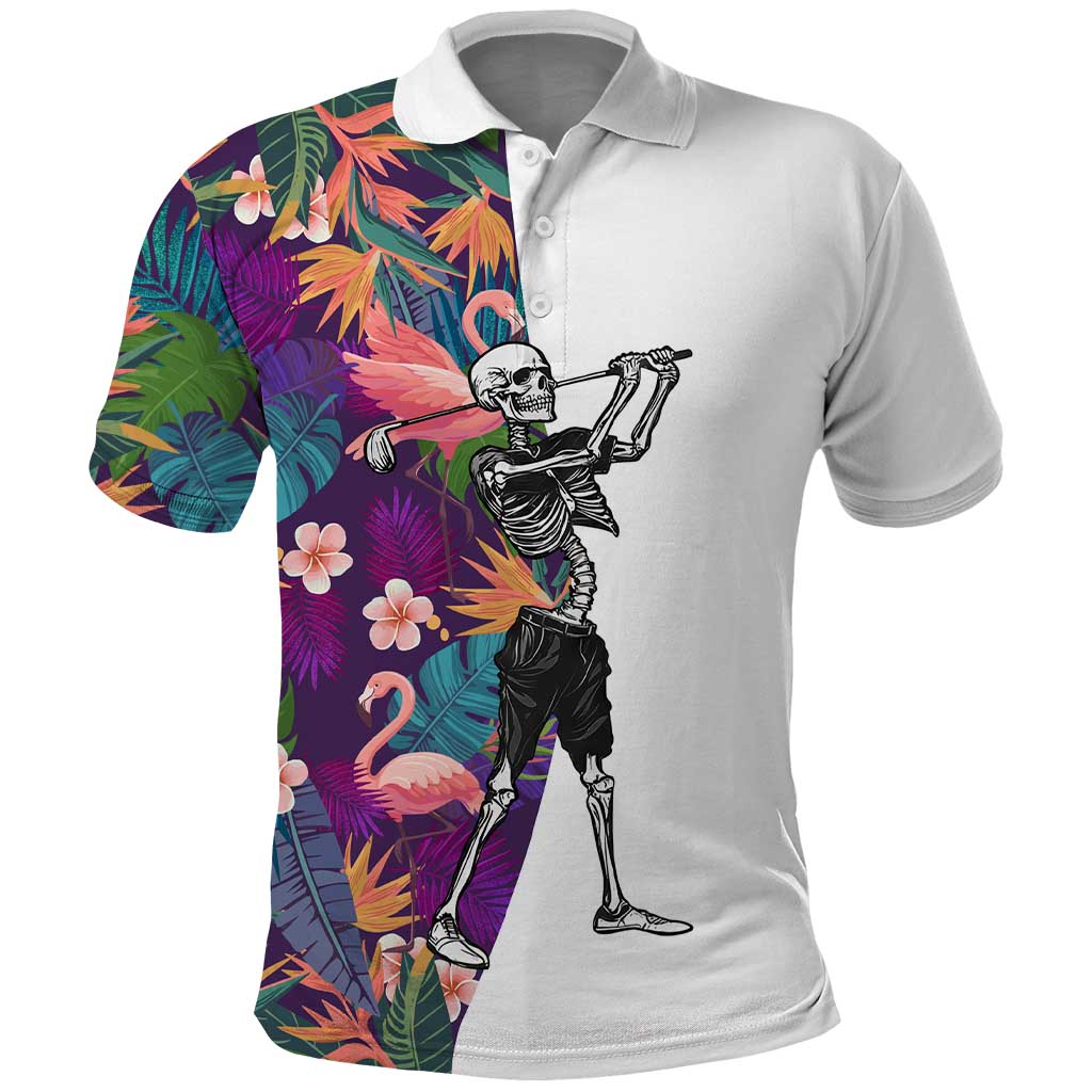 Custom Skeleton Golfer Polo Shirt with Tropical Flamingo Leaves Pattern and Colorful Floral Background - Wonder Print Shop