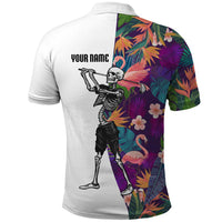 Custom Skeleton Golfer Polo Shirt with Tropical Flamingo Leaves Pattern and Colorful Floral Background - Wonder Print Shop
