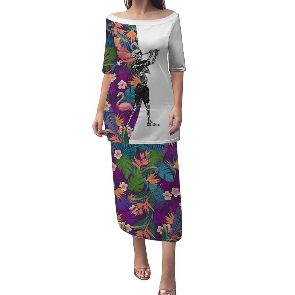 Custom Skeleton Golfer Puletasi with Tropical Flamingo Leaves Pattern and Colorful Floral Background - Wonder Print Shop