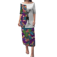 Custom Skeleton Golfer Puletasi with Tropical Flamingo Leaves Pattern and Colorful Floral Background - Wonder Print Shop