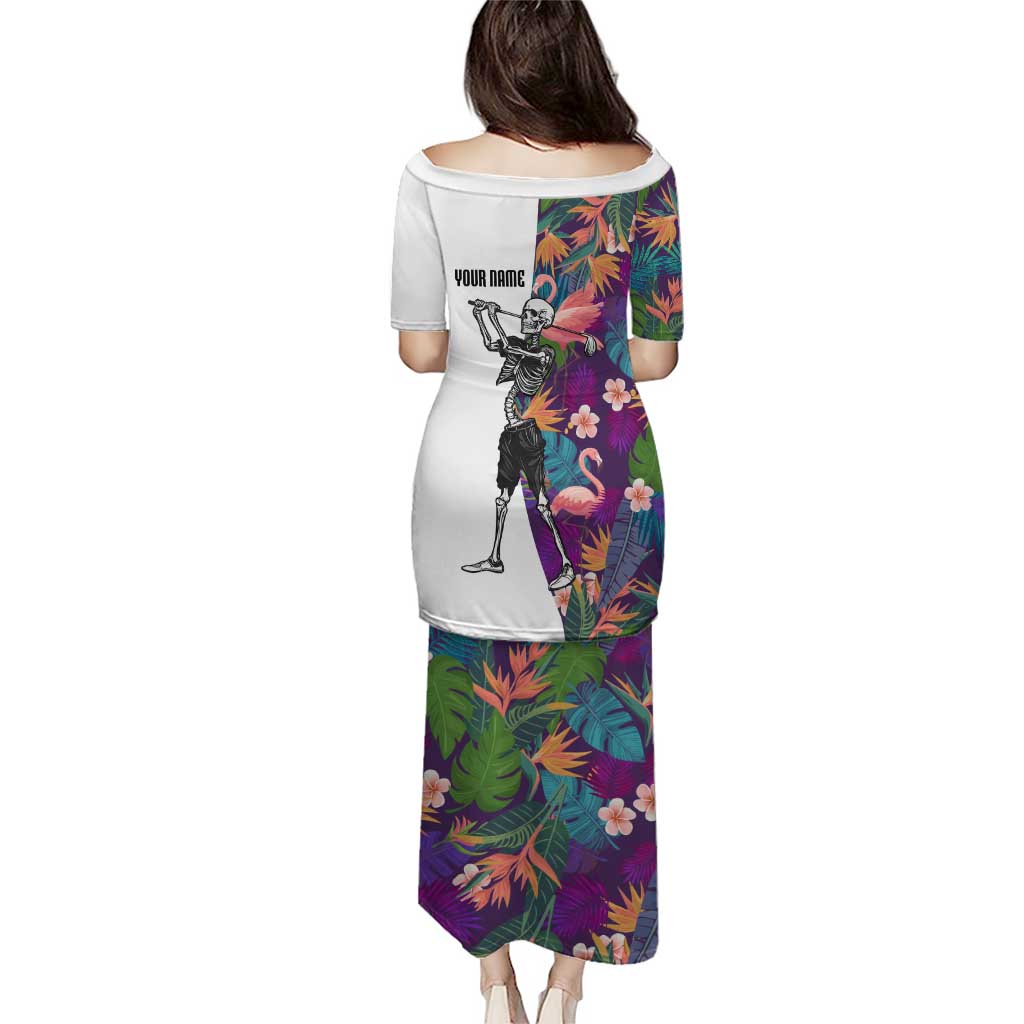 Custom Skeleton Golfer Puletasi with Tropical Flamingo Leaves Pattern and Colorful Floral Background - Wonder Print Shop