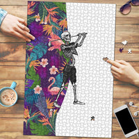 Skeleton Golfer Puzzle with Tropical Flamingo Leaves Pattern and Colorful Floral Background - Wonder Print Shop