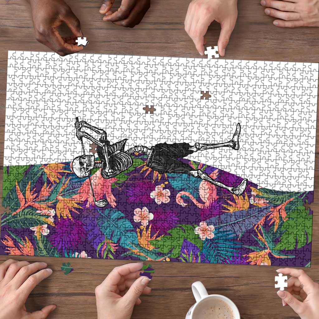 Skeleton Golfer Puzzle with Tropical Flamingo Leaves Pattern and Colorful Floral Background - Wonder Print Shop