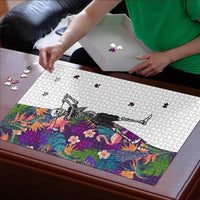 Skeleton Golfer Puzzle with Tropical Flamingo Leaves Pattern and Colorful Floral Background - Wonder Print Shop