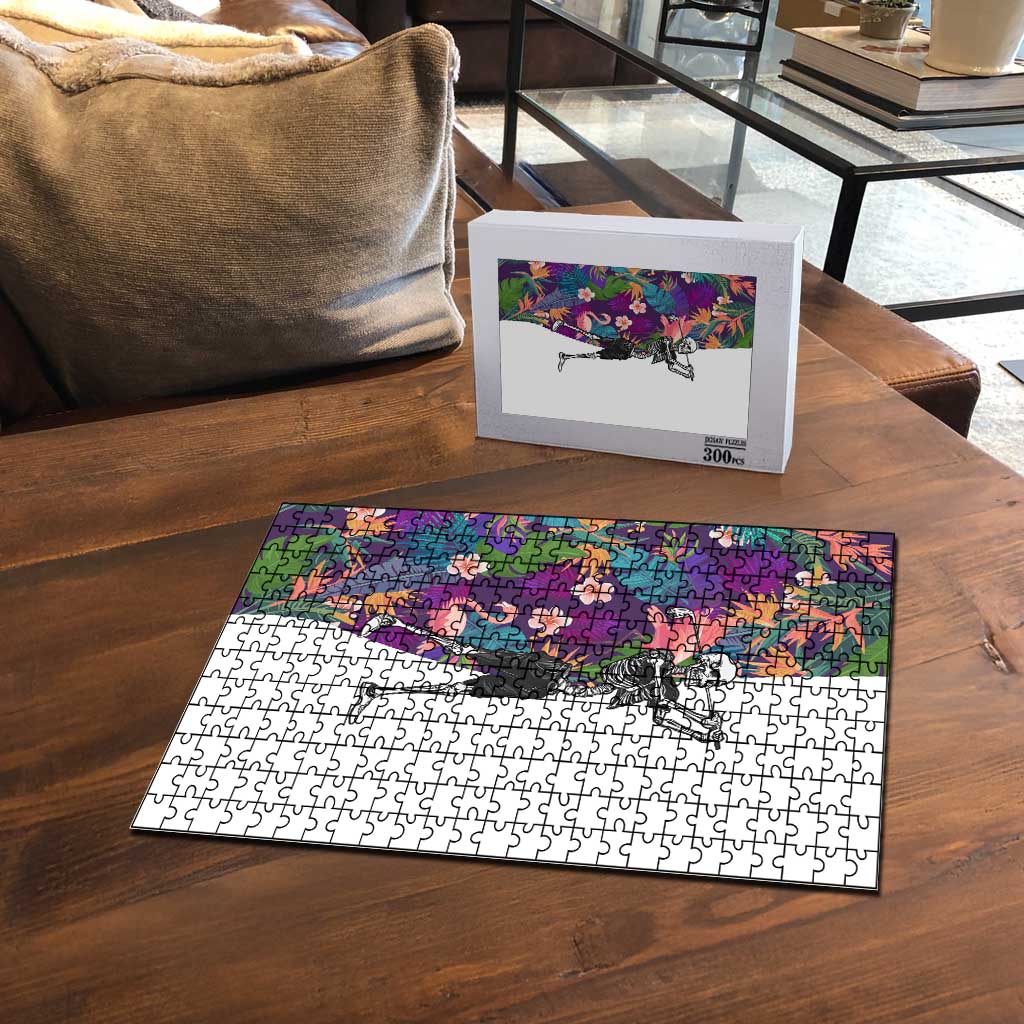 Skeleton Golfer Puzzle with Tropical Flamingo Leaves Pattern and Colorful Floral Background - Wonder Print Shop