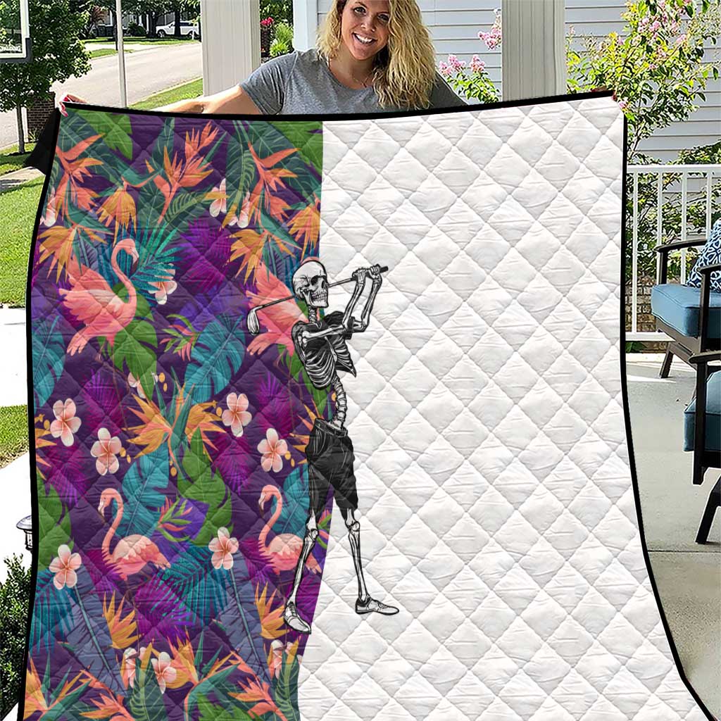 Skeleton Golfer Quilt with Tropical Flamingo Leaves Pattern and Colorful Floral Background - Wonder Print Shop