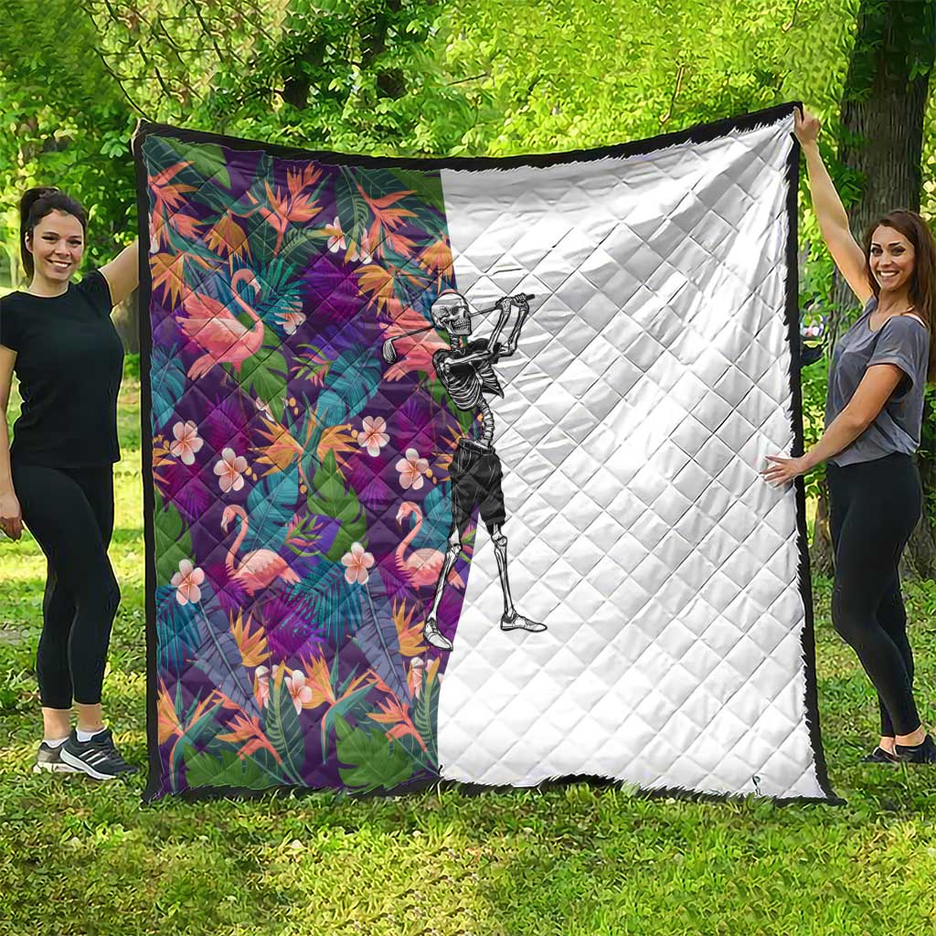 Skeleton Golfer Quilt with Tropical Flamingo Leaves Pattern and Colorful Floral Background - Wonder Print Shop