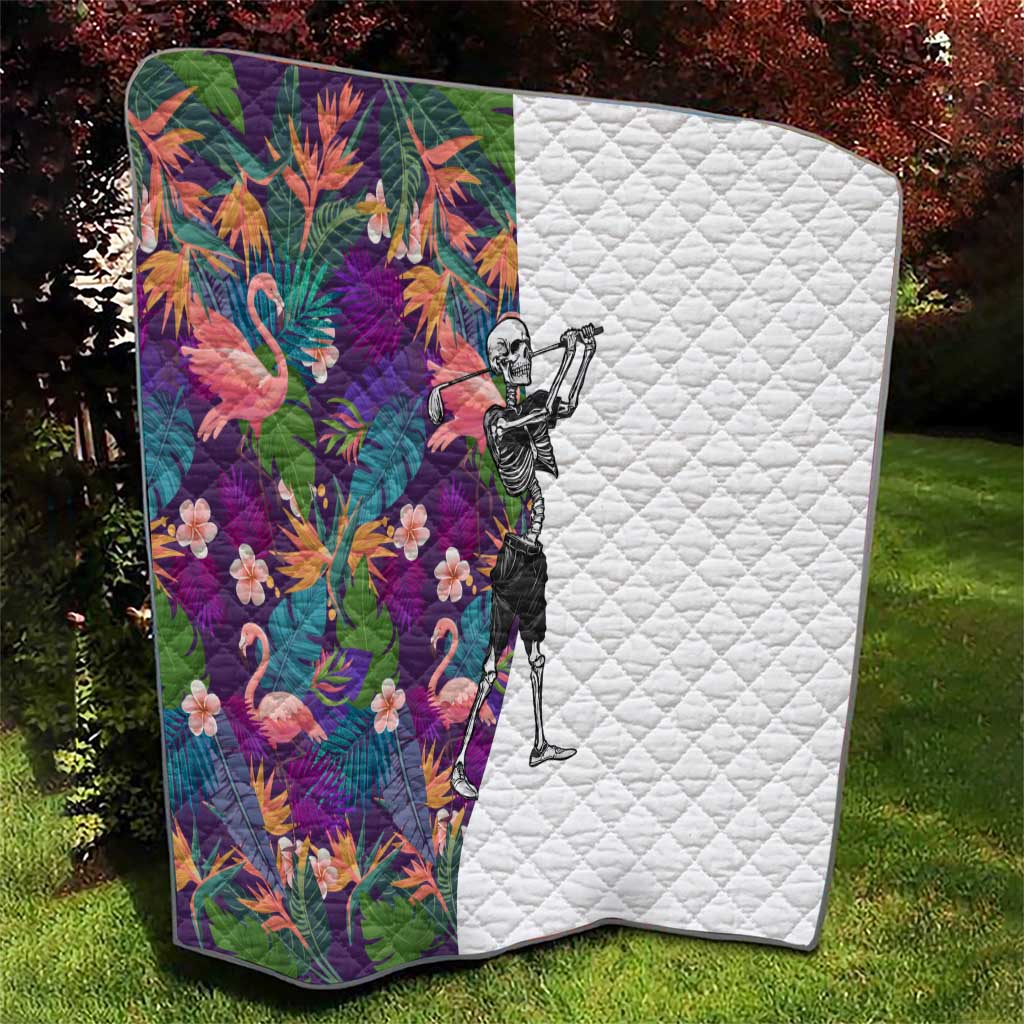 Skeleton Golfer Quilt with Tropical Flamingo Leaves Pattern and Colorful Floral Background - Wonder Print Shop