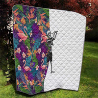 Skeleton Golfer Quilt with Tropical Flamingo Leaves Pattern and Colorful Floral Background - Wonder Print Shop