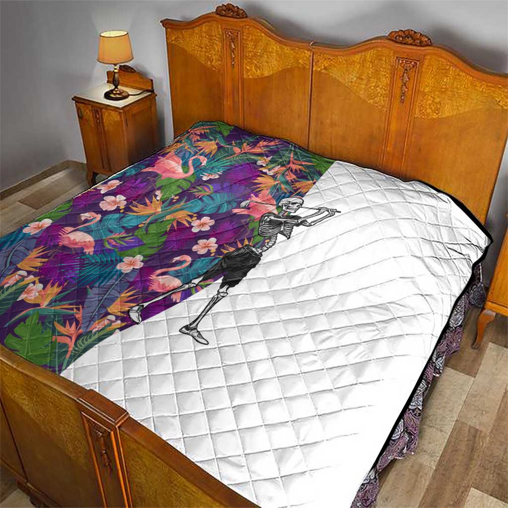 Skeleton Golfer Quilt with Tropical Flamingo Leaves Pattern and Colorful Floral Background - Wonder Print Shop