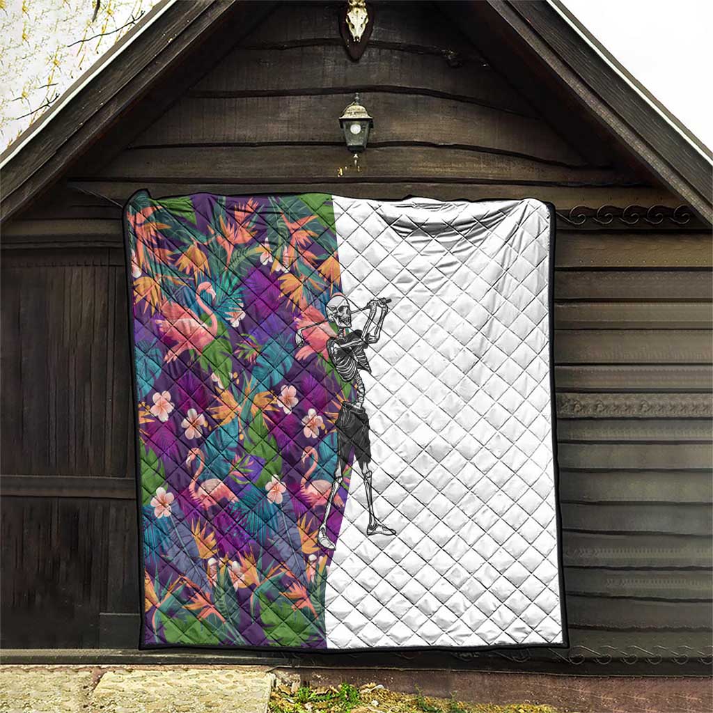Skeleton Golfer Quilt with Tropical Flamingo Leaves Pattern and Colorful Floral Background - Wonder Print Shop