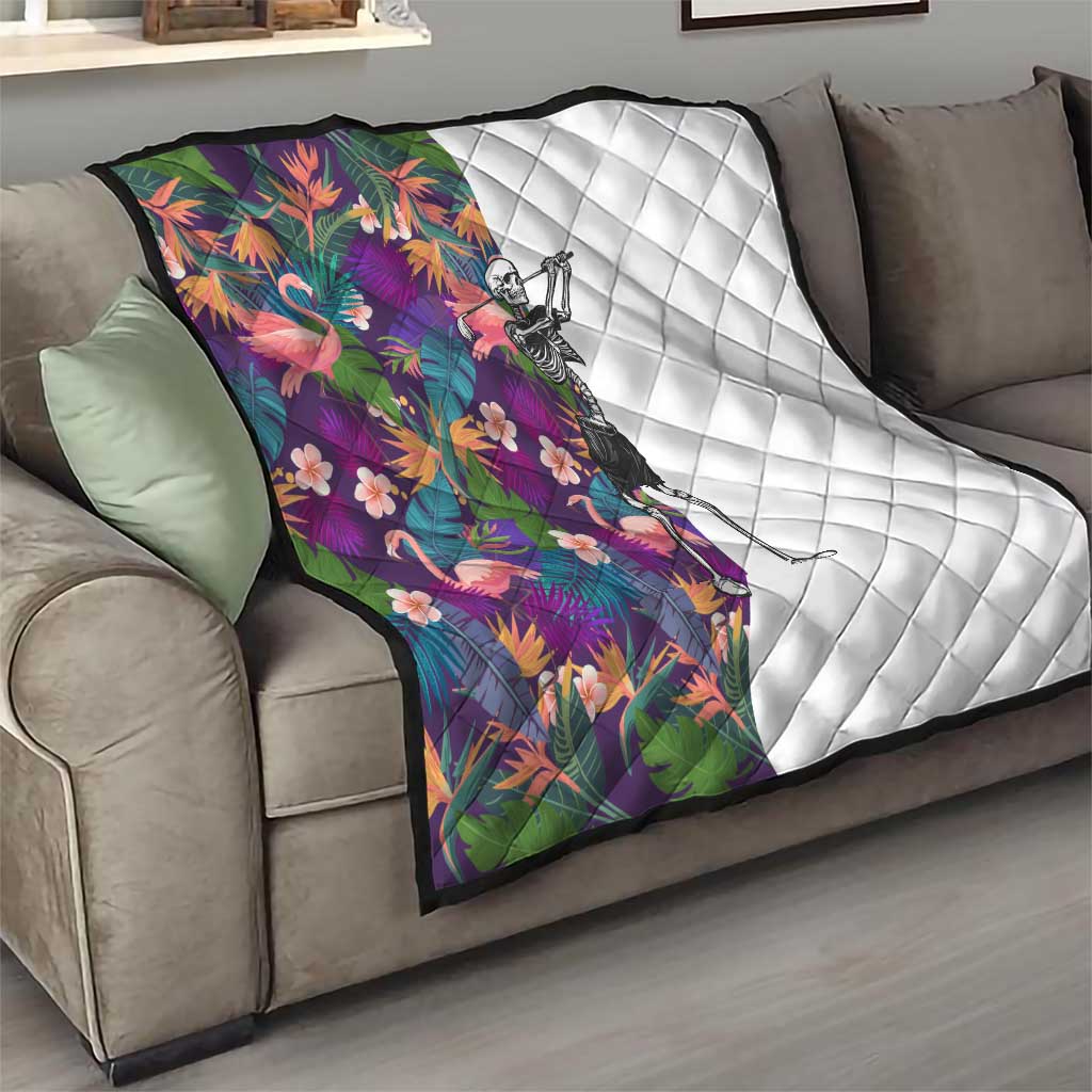 Skeleton Golfer Quilt with Tropical Flamingo Leaves Pattern and Colorful Floral Background - Wonder Print Shop