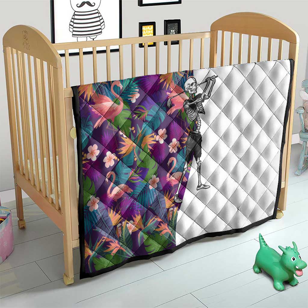 Skeleton Golfer Quilt with Tropical Flamingo Leaves Pattern and Colorful Floral Background - Wonder Print Shop