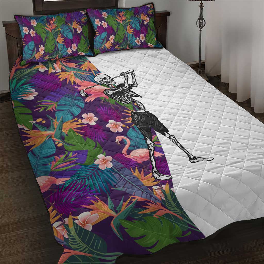 Skeleton Golfer Quilt Bed Set with Tropical Flamingo Leaves Pattern and Colorful Floral Background - Wonder Print Shop