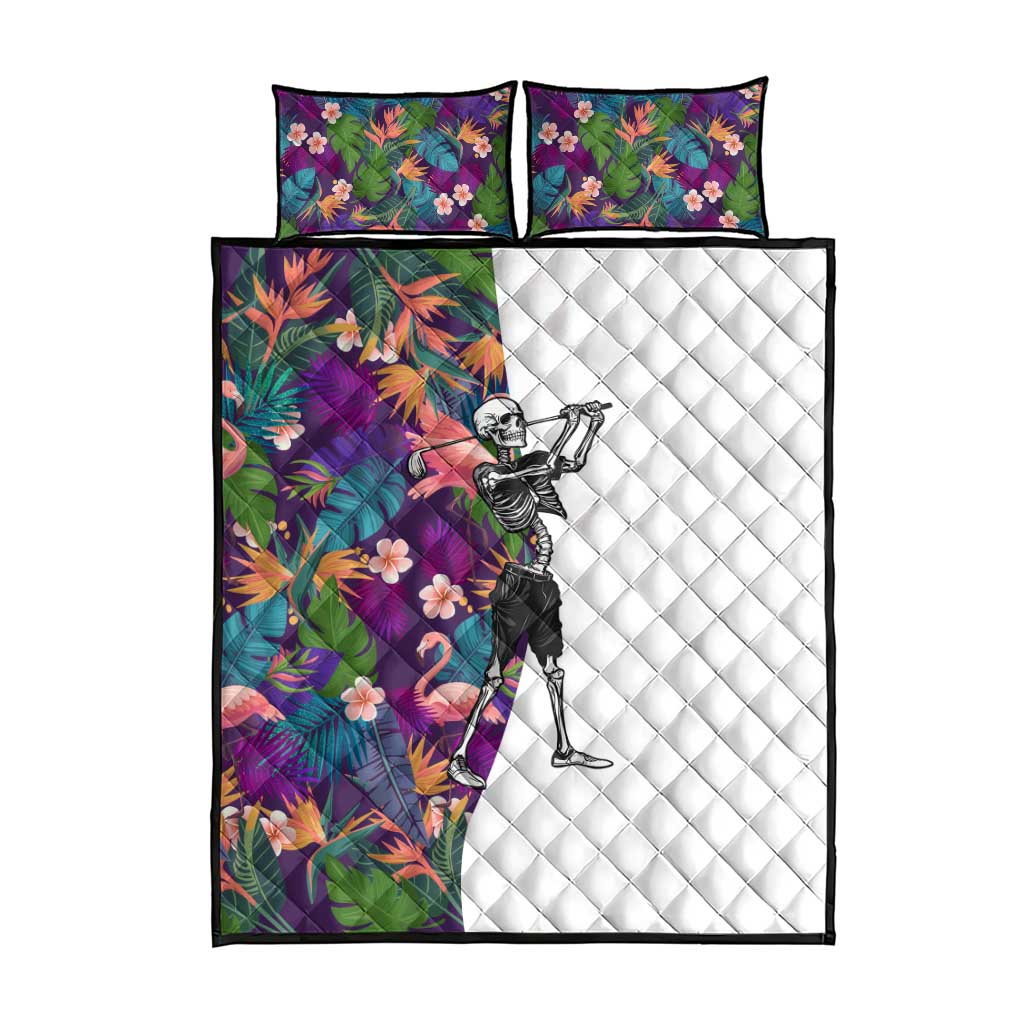Skeleton Golfer Quilt Bed Set with Tropical Flamingo Leaves Pattern and Colorful Floral Background - Wonder Print Shop