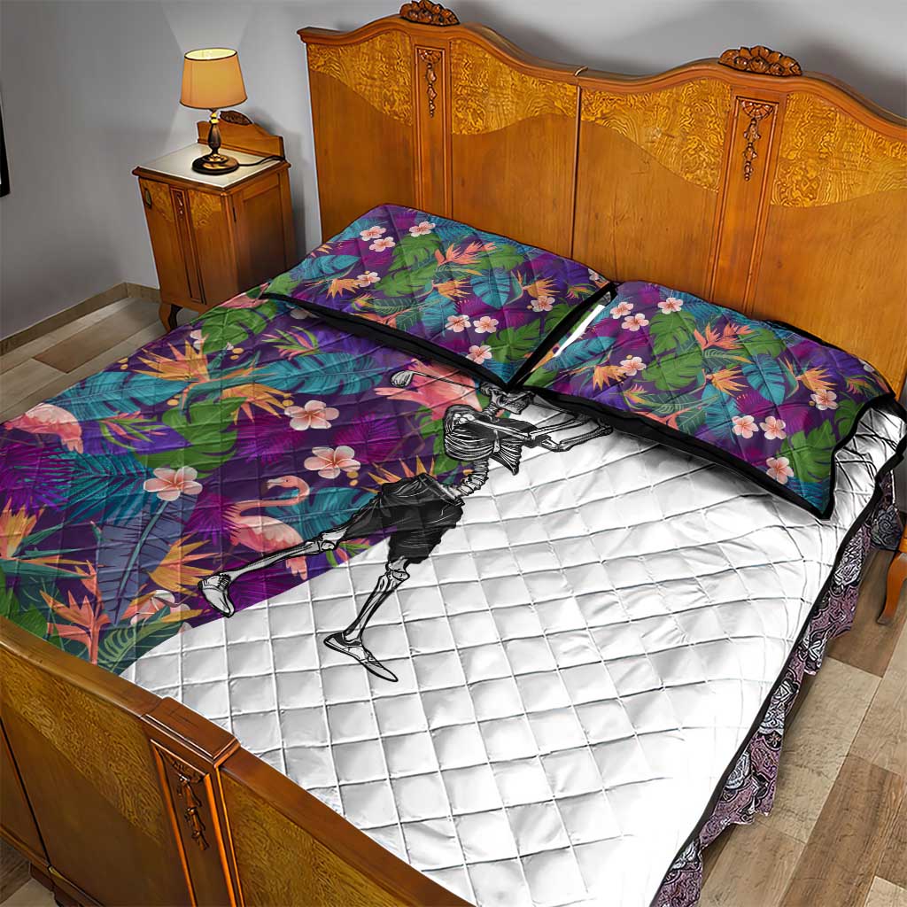 Skeleton Golfer Quilt Bed Set with Tropical Flamingo Leaves Pattern and Colorful Floral Background - Wonder Print Shop