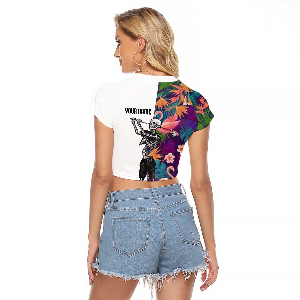 Custom Skeleton Golfer Raglan Cropped T Shirt with Tropical Flamingo Leaves Pattern and Colorful Floral Background - Wonder Print Shop