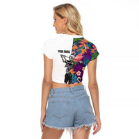 Custom Skeleton Golfer Raglan Cropped T Shirt with Tropical Flamingo Leaves Pattern and Colorful Floral Background - Wonder Print Shop