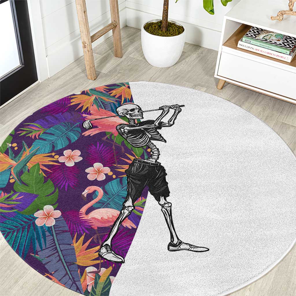 Skeleton Golfer Round Carpet with Tropical Flamingo Leaves Pattern and Colorful Floral Background - Wonder Print Shop