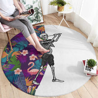 Skeleton Golfer Round Carpet with Tropical Flamingo Leaves Pattern and Colorful Floral Background - Wonder Print Shop