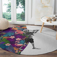 Skeleton Golfer Round Carpet with Tropical Flamingo Leaves Pattern and Colorful Floral Background - Wonder Print Shop