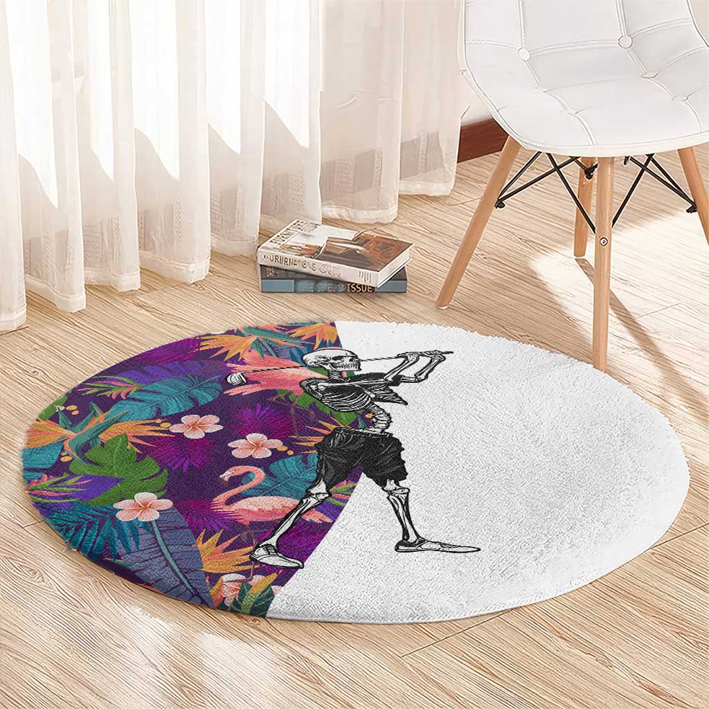 Skeleton Golfer Round Carpet with Tropical Flamingo Leaves Pattern and Colorful Floral Background - Wonder Print Shop