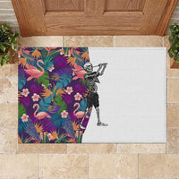 Skeleton Golfer Rubber Doormat with Tropical Flamingo Leaves Pattern and Colorful Floral Background - Wonder Print Shop