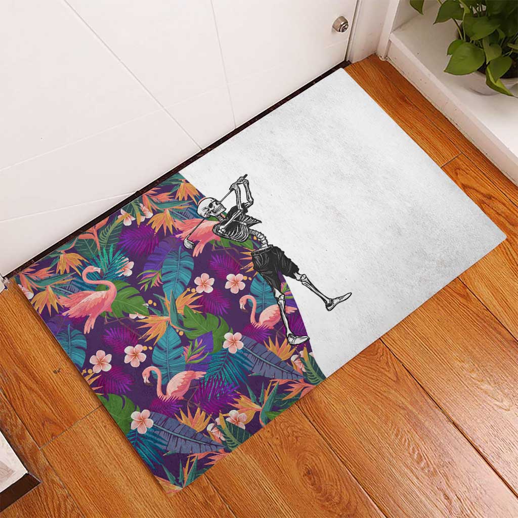 Skeleton Golfer Rubber Doormat with Tropical Flamingo Leaves Pattern and Colorful Floral Background - Wonder Print Shop