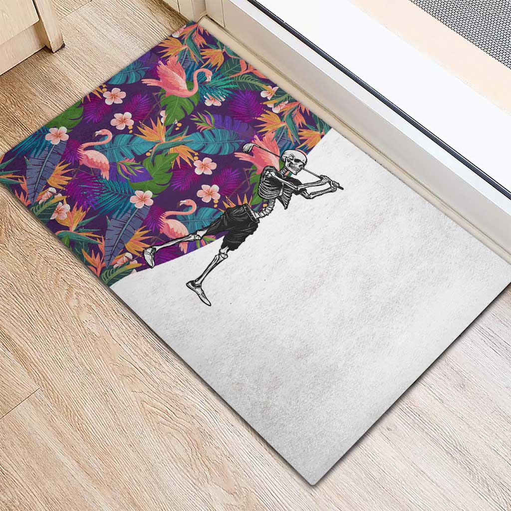 Skeleton Golfer Rubber Doormat with Tropical Flamingo Leaves Pattern and Colorful Floral Background - Wonder Print Shop