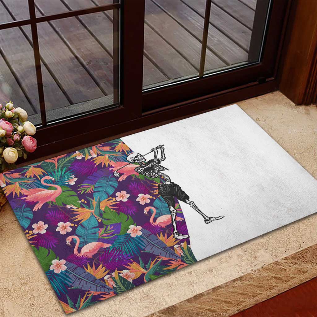 Skeleton Golfer Rubber Doormat with Tropical Flamingo Leaves Pattern and Colorful Floral Background - Wonder Print Shop