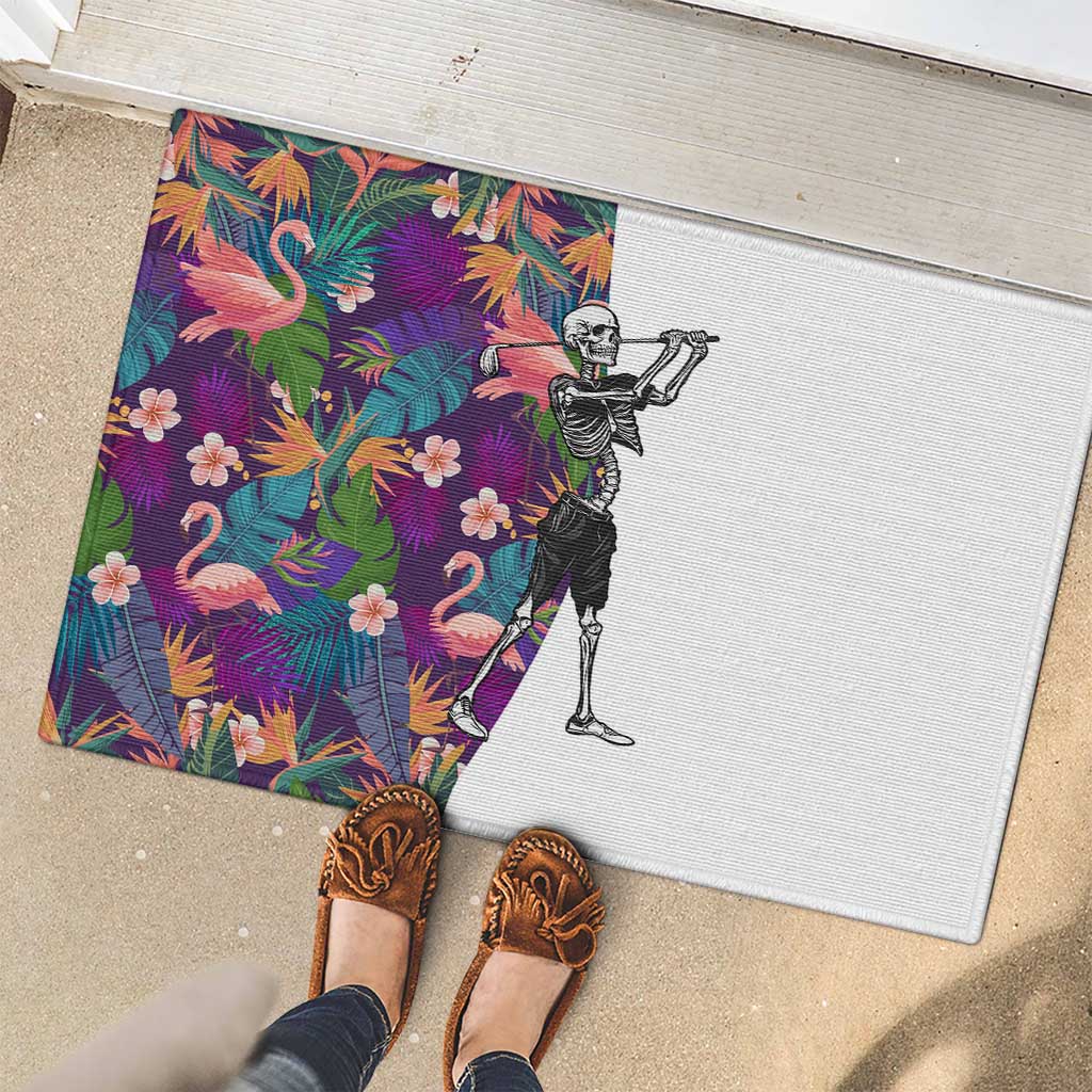 Skeleton Golfer Rubber Doormat with Tropical Flamingo Leaves Pattern and Colorful Floral Background - Wonder Print Shop