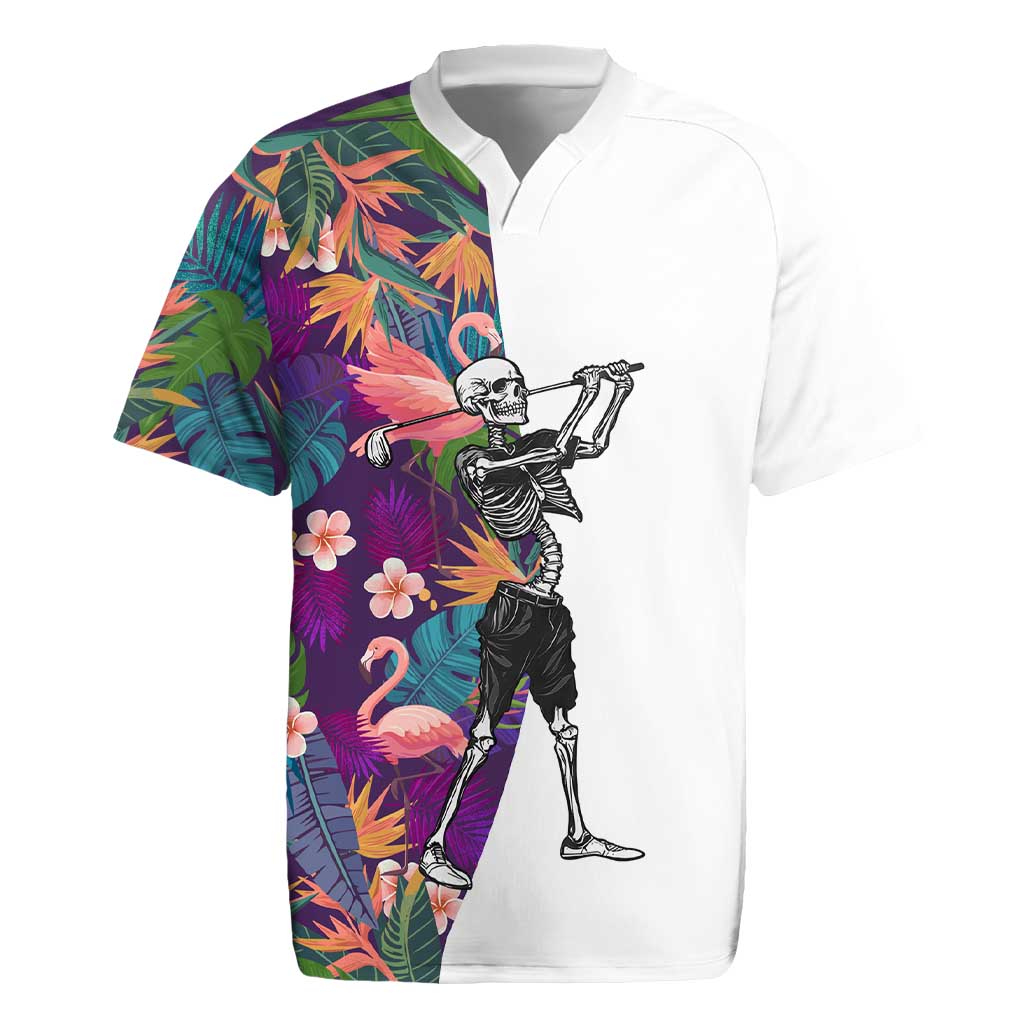 Custom Skeleton Golfer Rugby Jersey with Tropical Flamingo Leaves Pattern and Colorful Floral Background - Wonder Print Shop