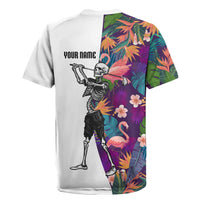 Custom Skeleton Golfer Rugby Jersey with Tropical Flamingo Leaves Pattern and Colorful Floral Background - Wonder Print Shop