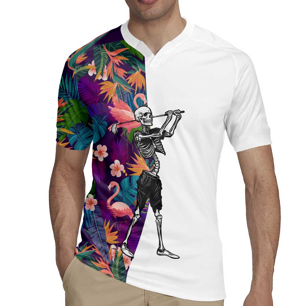 Custom Skeleton Golfer Rugby Jersey with Tropical Flamingo Leaves Pattern and Colorful Floral Background - Wonder Print Shop