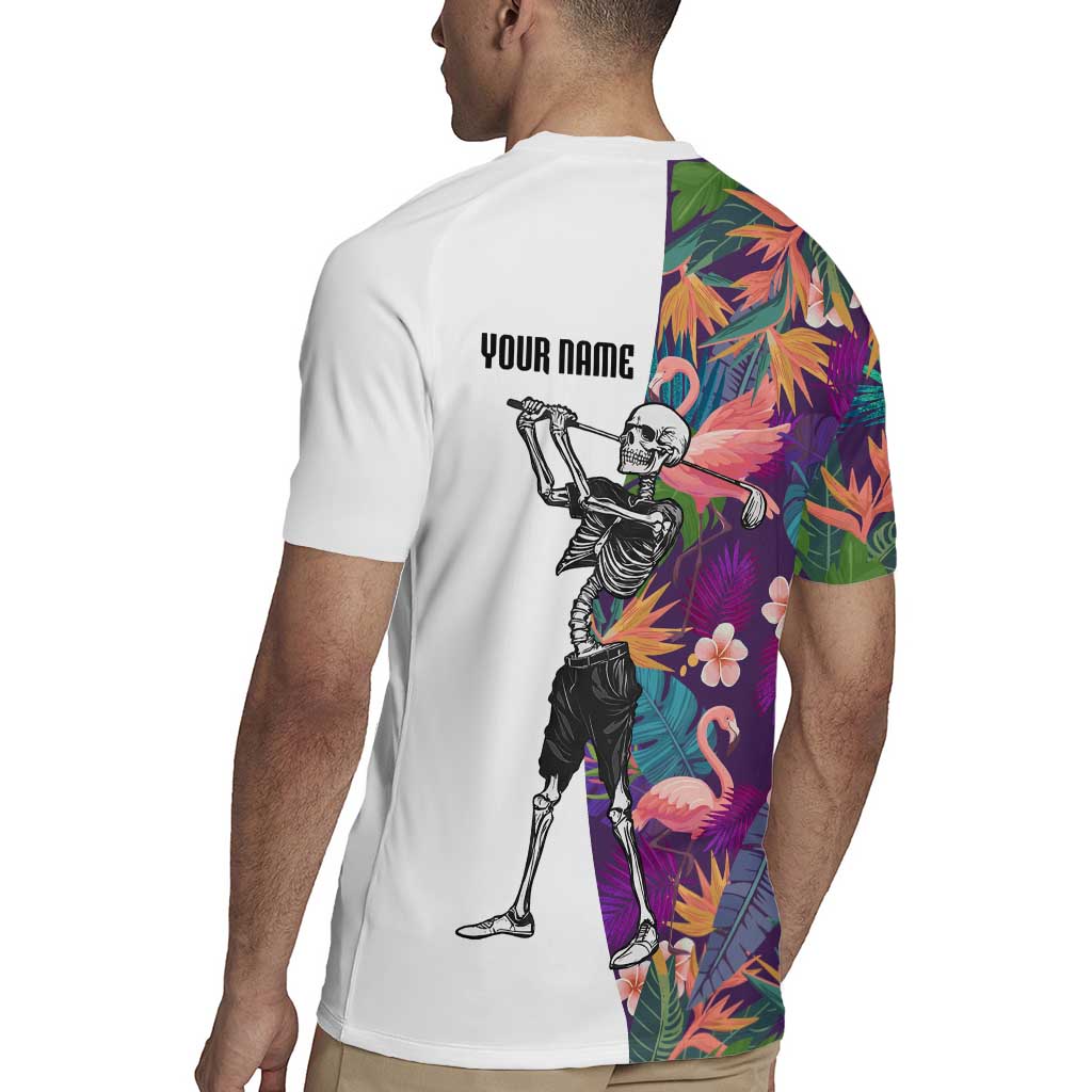 Custom Skeleton Golfer Rugby Jersey with Tropical Flamingo Leaves Pattern and Colorful Floral Background - Wonder Print Shop