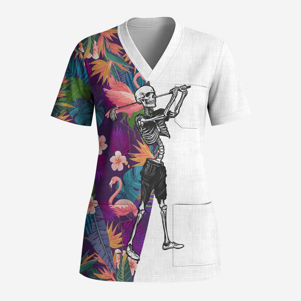 Custom Skeleton Golfer Scrub Top with Tropical Flamingo Leaves Pattern and Colorful Floral Background - Wonder Print Shop