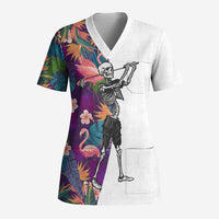 Custom Skeleton Golfer Scrub Top with Tropical Flamingo Leaves Pattern and Colorful Floral Background - Wonder Print Shop