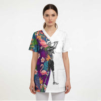 Custom Skeleton Golfer Scrub Top with Tropical Flamingo Leaves Pattern and Colorful Floral Background - Wonder Print Shop