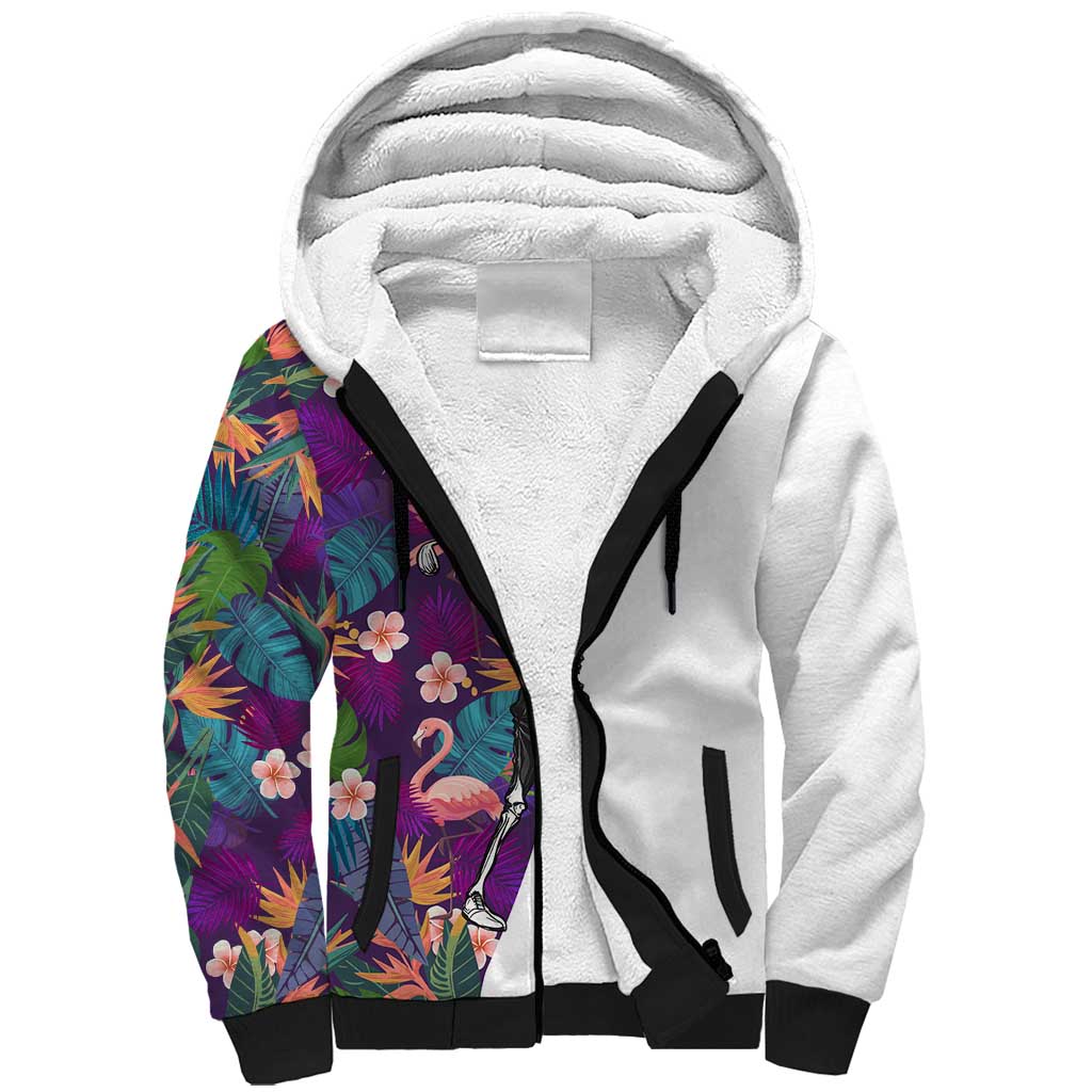 Custom Skeleton Golfer Sherpa Hoodie with Tropical Flamingo Leaves Pattern and Colorful Floral Background - Wonder Print Shop