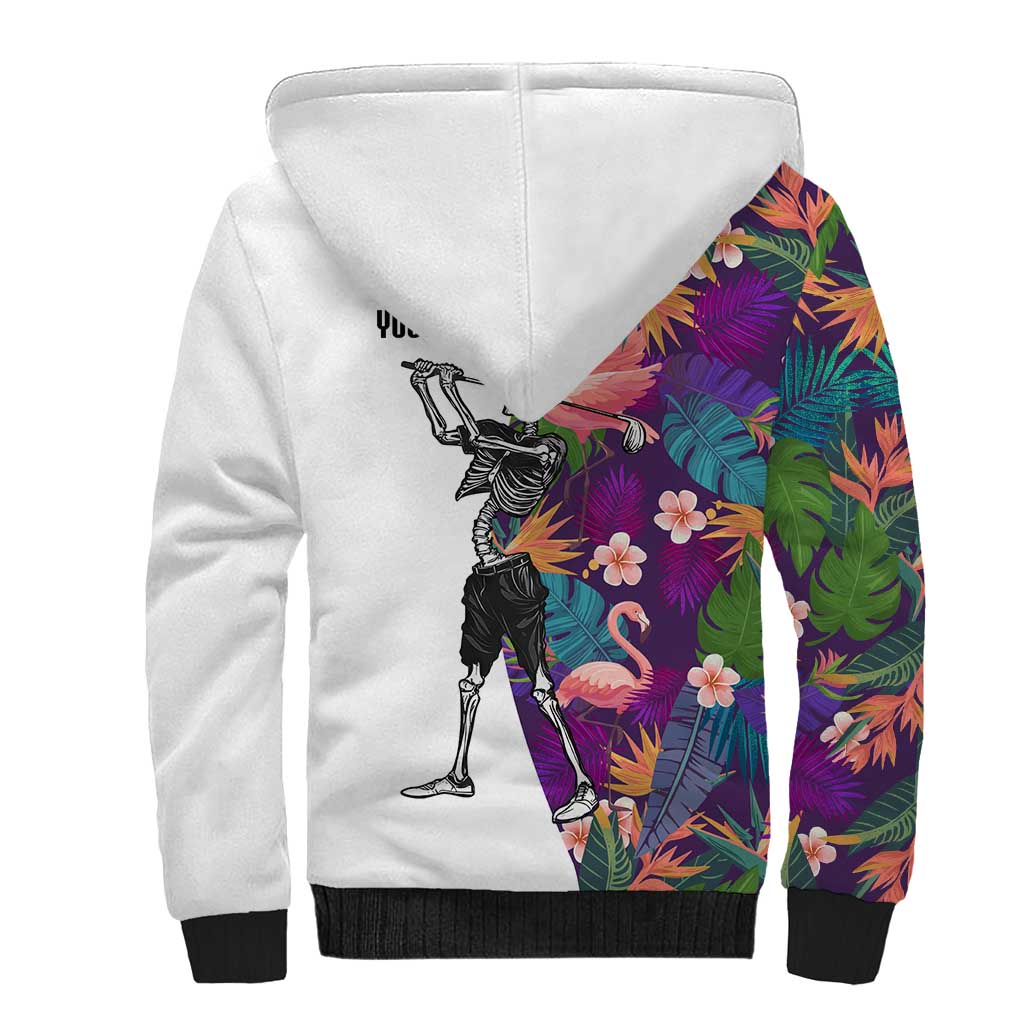 Custom Skeleton Golfer Sherpa Hoodie with Tropical Flamingo Leaves Pattern and Colorful Floral Background - Wonder Print Shop