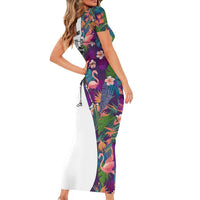 Skeleton Golfer Short Sleeve Bodycon Dress with Tropical Flamingo Leaves Pattern and Colorful Floral Background - Wonder Print Shop
