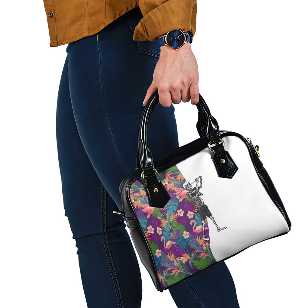 Skeleton Golfer Shoulder Handbag with Tropical Flamingo Leaves Pattern and Colorful Floral Background - Wonder Print Shop