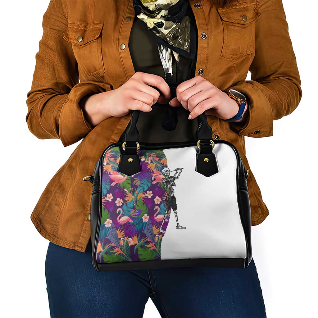 Skeleton Golfer Shoulder Handbag with Tropical Flamingo Leaves Pattern and Colorful Floral Background - Wonder Print Shop