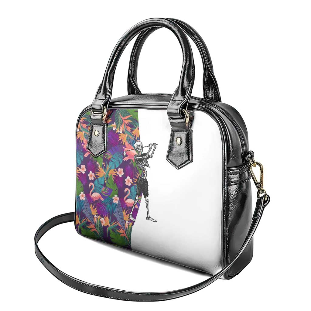 Skeleton Golfer Shoulder Handbag with Tropical Flamingo Leaves Pattern and Colorful Floral Background - Wonder Print Shop