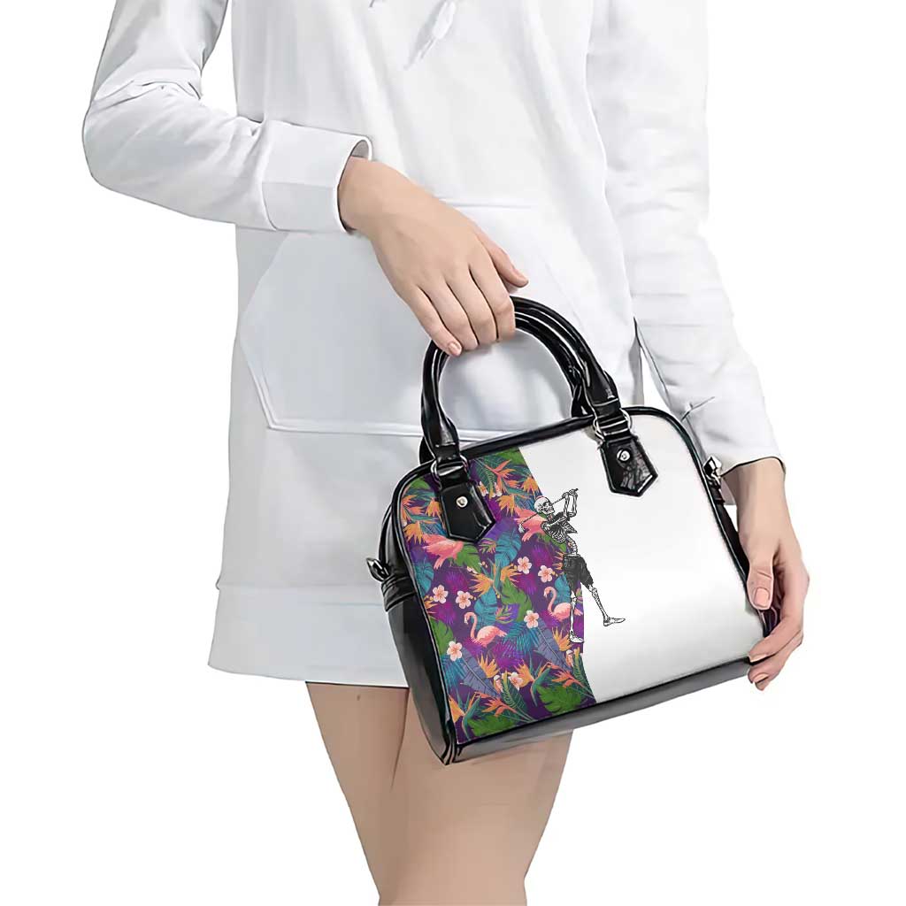 Skeleton Golfer Shoulder Handbag with Tropical Flamingo Leaves Pattern and Colorful Floral Background - Wonder Print Shop