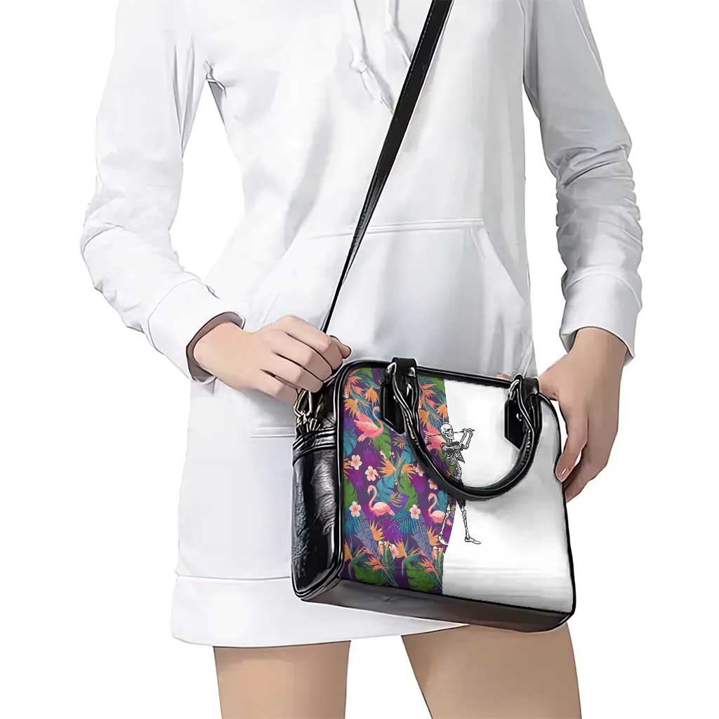 Skeleton Golfer Shoulder Handbag with Tropical Flamingo Leaves Pattern and Colorful Floral Background - Wonder Print Shop