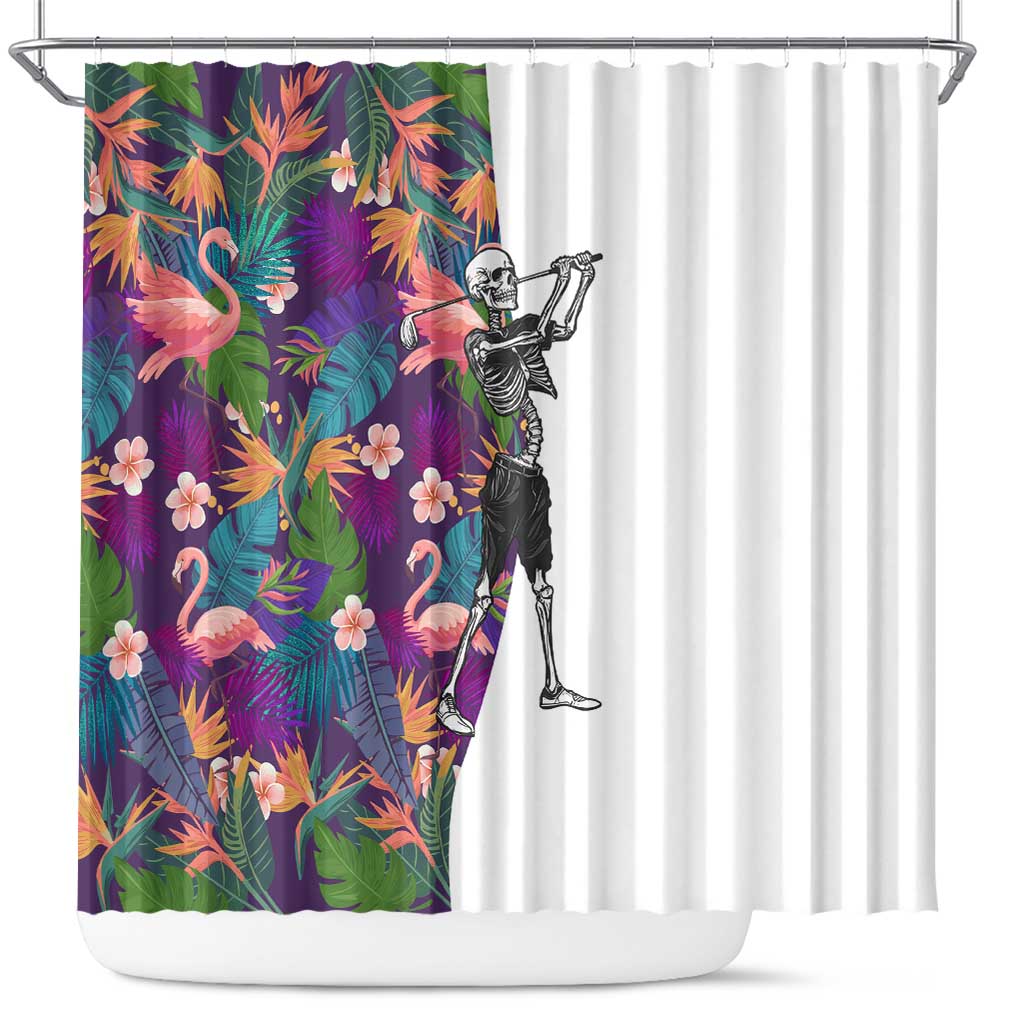 Skeleton Golfer Shower Curtain with Tropical Flamingo Leaves Pattern and Colorful Floral Background - Wonder Print Shop