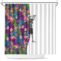 Skeleton Golfer Shower Curtain with Tropical Flamingo Leaves Pattern and Colorful Floral Background - Wonder Print Shop